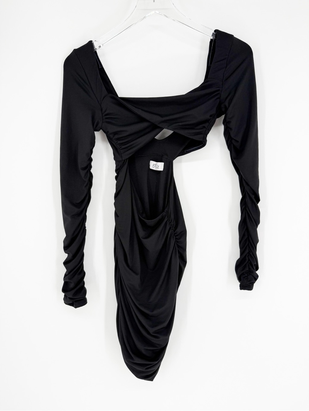 Oh Polly Long Sleeve Ruched Cut Out Mini Dress Women's US 2 Black Bodycon - Picture 2 of 6